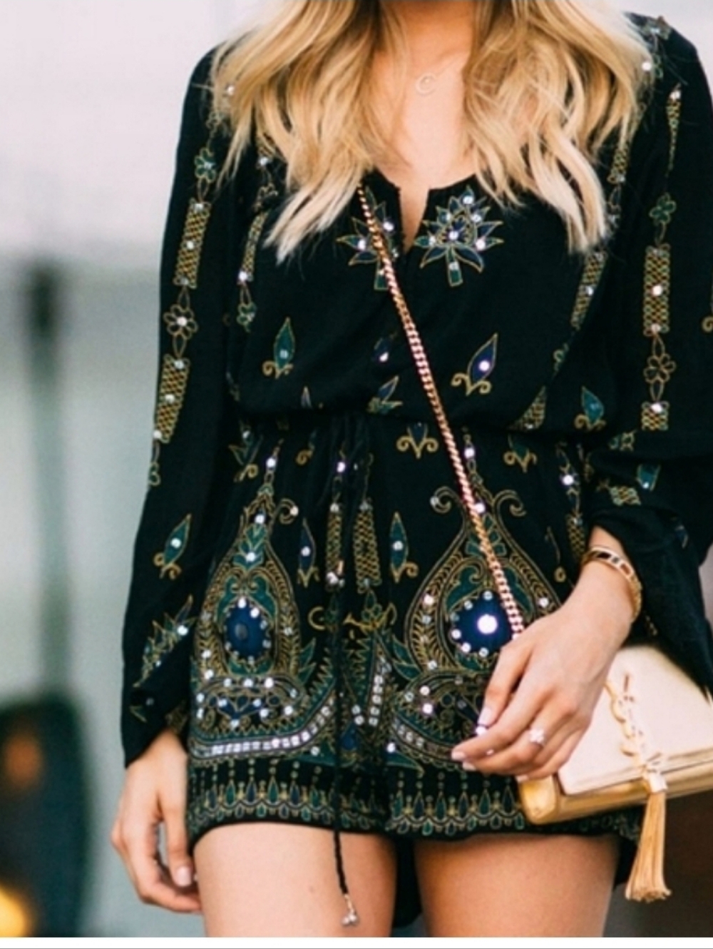 ANNA SUI ROMPER Boho Playsuit Black Embellished Boho Romper Teal Gold Festival